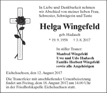 Traueranzeige von Helga Wingefeld von  Kreisanzeiger