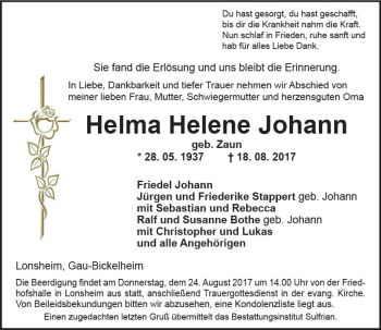 Traueranzeige von Helma Helene Johann von Trauerportal Rhein Main Presse