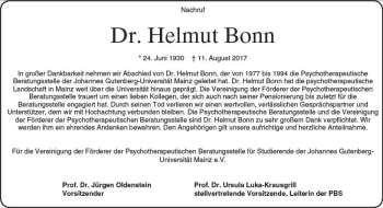 Traueranzeige von Helmut Bonn von Trauerportal Rhein Main Presse