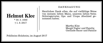 Traueranzeige von Helmut Klee von  Gießener Anzeiger