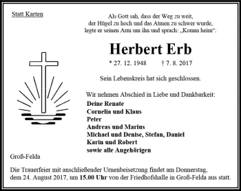 Traueranzeige von Herbert Erb von VRM Trauer