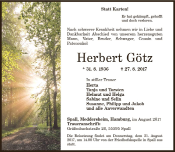 Traueranzeige von Herbert Götz von Trauerportal Rhein Main Presse