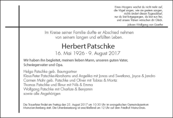 Traueranzeige von Herbert Patschke von Trauerportal Rhein Main Presse