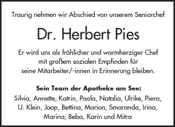 Traueranzeige von Herbert Pies von Trauerportal Echo Online