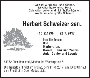 Traueranzeige von Herbert Schweizer von Trauerportal Echo Online