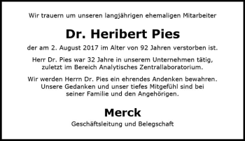 Traueranzeige von Heribert Pies von Trauerportal Echo Online