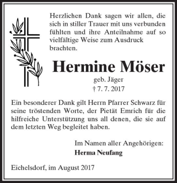 Traueranzeige von Hermine Möser von  Kreisanzeiger