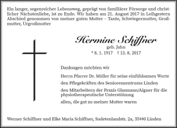 Traueranzeige von Hermine Schiffner von  Gießener Anzeiger