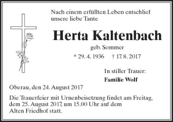Traueranzeige von Herta Kaltenbach von  Kreisanzeiger