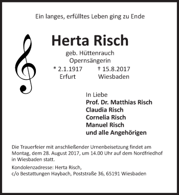 Traueranzeige von Herta Risch von Trauerportal Rhein Main Presse