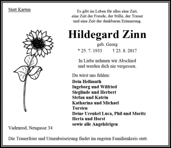 Traueranzeige von Hildegard Zinn von VRM Trauer