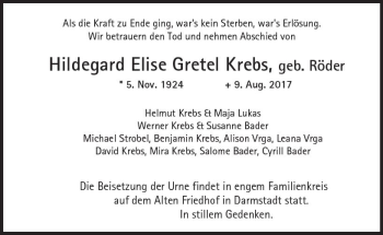 Traueranzeige von Hildegard Elise Krebs von Trauerportal Rhein Main Presse