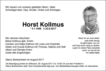Traueranzeige von Horst Kollmus von Trauerportal Rhein Main Presse