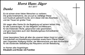 Traueranzeige von Horst Hans Jäger von Trauerportal Echo Online