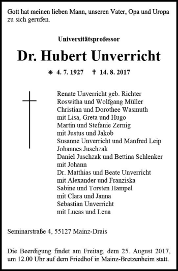 Traueranzeige von Hubert Unverricht von Trauerportal Rhein Main Presse
