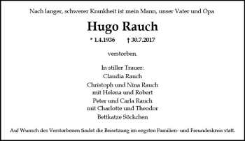 Traueranzeige von Hugo Rauch von Trauerportal Rhein Main Presse