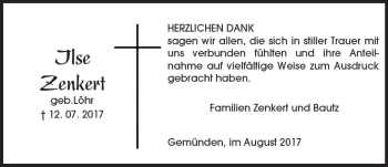 Traueranzeige von Ilse Zenkert von  Usinger Anzeiger