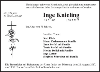 Traueranzeige von Inge Knieling von Trauerportal Rhein Main Presse