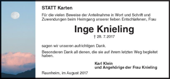 Traueranzeige von Inge Knieling von Trauerportal Rhein Main Presse