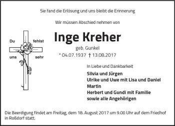 Traueranzeige von Inge Kreher von Trauerportal Echo Online