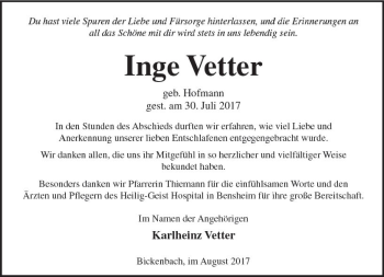Traueranzeige von Inge Vetter von Trauerportal Echo Online