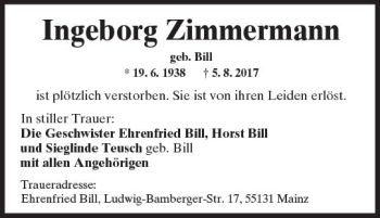 Traueranzeige von Ingeborg Zimmermann von Trauerportal Rhein Main Presse