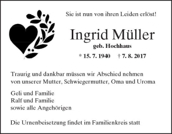 Traueranzeige von Ingrid Müller von Trauerportal Echo Online
