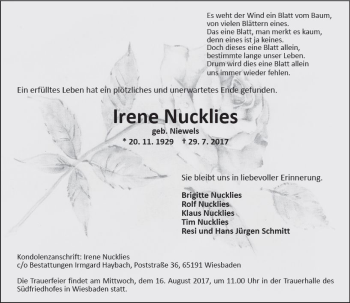 Traueranzeige von Irene Nucklies von Trauerportal Rhein Main Presse