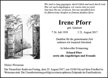 Traueranzeige von Irene Pforr von Trauerportal Rhein Main Presse