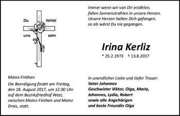 Traueranzeige von Irina Kerliz von Trauerportal Rhein Main Presse
