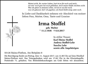 Traueranzeige von Irma Stoffel von Trauerportal Rhein Main Presse