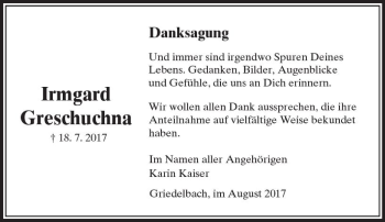 Traueranzeige von Irmgard Greschuchna von  Usinger Anzeiger