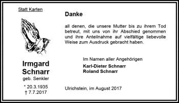 Traueranzeige von Irmgard Schnarr von VRM Trauer