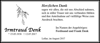 Traueranzeige von Irmtraud Denk von  Gießener Anzeiger