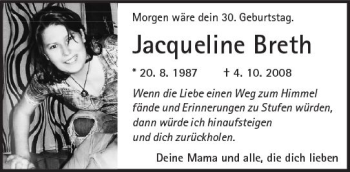 Traueranzeige von Jacqueline Breth von Trauerportal Rhein Main Presse