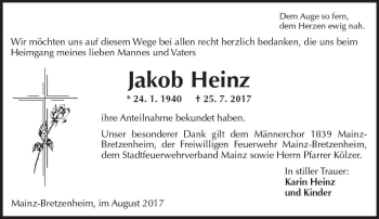 Traueranzeige von Jakob Heinz von Trauerportal Rhein Main Presse
