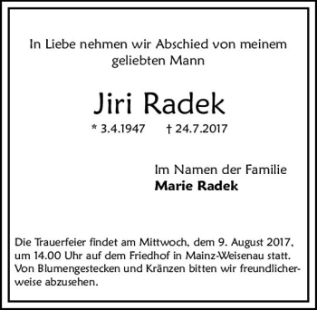 Traueranzeige von Jiri Radek von Trauerportal Rhein Main Presse