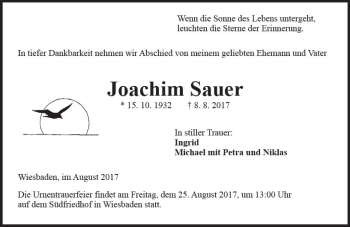 Traueranzeige von Joachim Sauer von Trauerportal Rhein Main Presse