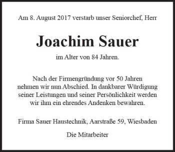 Traueranzeige von Joachim Sauer von Trauerportal Rhein Main Presse