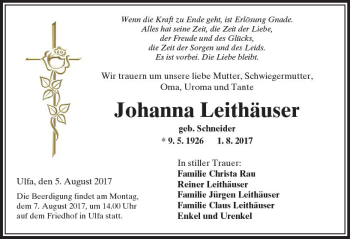 Traueranzeige von Johanna Leithäuser von  Kreisanzeiger