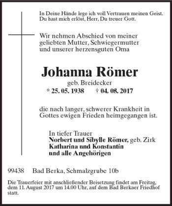 Traueranzeige von Johanna Römer von Trauerportal Rhein Main Presse