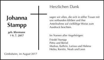 Traueranzeige von Johanna Stampp von Trauerportal Rhein Main Presse