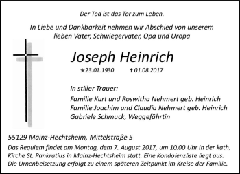 Traueranzeige von Joseph Heinrich von Trauerportal Rhein Main Presse