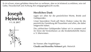 Traueranzeige von Joseph Heinrich von Trauerportal Rhein Main Presse