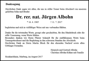 Traueranzeige von Jürgen Albohn von  Gießener Anzeiger