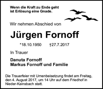 Traueranzeige von Jürgen Fornoff von Trauerportal Echo Online