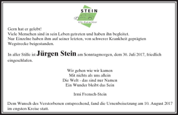 Traueranzeige von Jürgen Stein von  Usinger Anzeiger