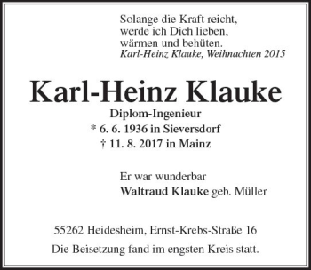 Traueranzeige von Karl-Heinz Klauke von Trauerportal Rhein Main Presse