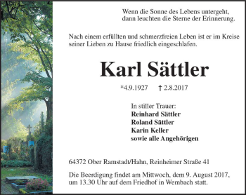 Traueranzeige von Karl Sättler von Trauerportal Echo Online