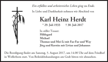 Traueranzeige von Karl Heinz Herdt von  Kreisanzeiger